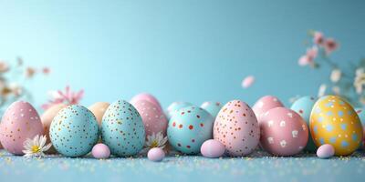 Colorful Easter eggs arranged on a pastel background with floral decorations and confetti scattered around photo