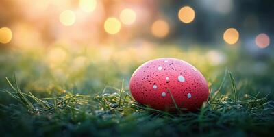 Bright pink Easter egg resting on green grass with blurred background during golden hour light photo
