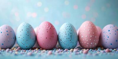 Colorful Easter eggs displayed on a pastel background with sprinkles, creating a festive atmosphere for the holiday celebration photo