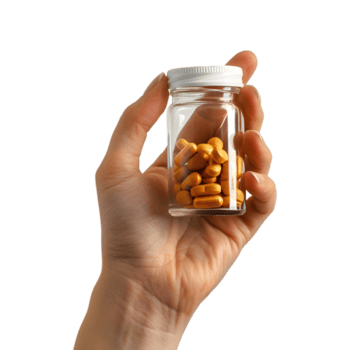 mão segurando uma garrafa do pílulas em uma transparente fundo png