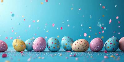 Colorful decorated eggs with confetti on a vibrant blue background during a festive celebration photo