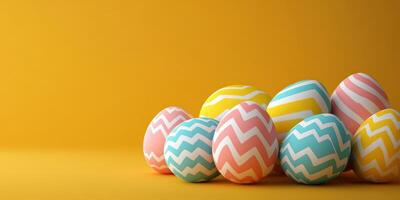 Colorful Easter eggs displayed on a bright yellow background for spring celebration or party decor ideas photo