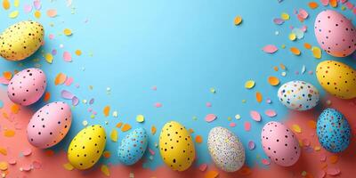Colorful Easter eggs arranged on a vibrant background with decorative confetti and petals scattered around photo