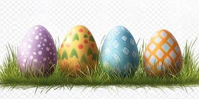 Colorful decorated Easter eggs resting on green grass for a festive spring celebration photo