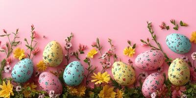 Colorful decorated eggs arranged with spring flowers on a pastel pink background for an Easter celebration photo