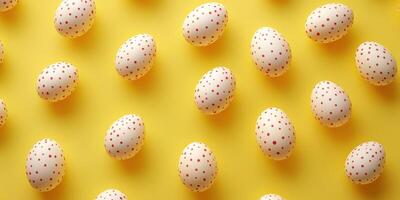 Colorful decorated eggs scattered on a vibrant yellow background capturing a festive and playful atmosphere photo
