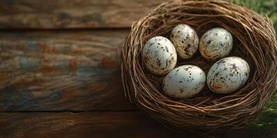 Quail eggs resting in a rustic nest on a wooden surface surrounded by nature photo