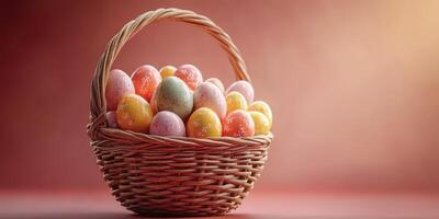 Colorful decorated eggs in a woven basket set against a warm gradient background during spring festivities photo