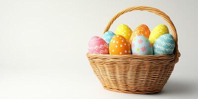 Colorful easter eggs arranged in a wicker basket ready for celebration during spring festivities photo