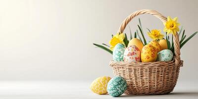 Colorful Easter eggs arranged in a woven basket with fresh daffodils and greenery in a soft setting photo