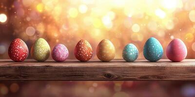 Colorful decorative eggs lined up on wooden shelf against a sparkling backdrop during spring festivities photo