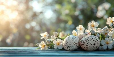 Decorative quail eggs beside white flowers in a tranquil spring setting during golden hour photo