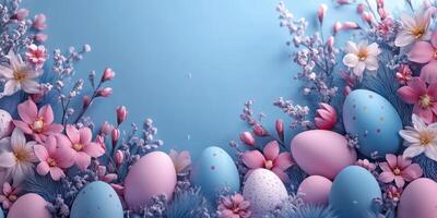 Colorful Easter eggs surrounded by pink and blue flowers in a spring setting photo