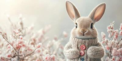 Cute rabbit dressed in a cozy sweater poses among snowy flowers in winter setting photo