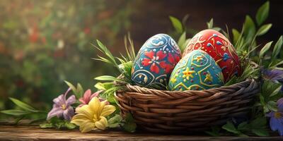 Colorful Easter eggs arranged in a decorative basket surrounded by flowers in a garden setting during springtime photo
