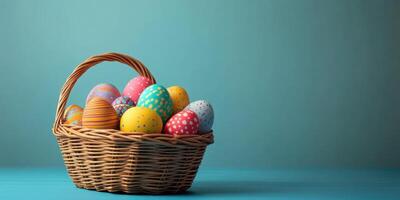 Colorful Easter eggs arranged in a wicker basket on a blue background for spring celebrations and holiday festivities photo