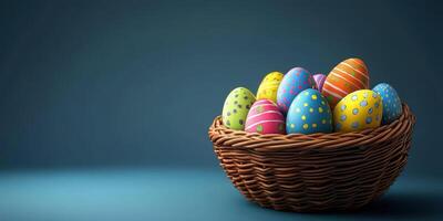 Colorful painted Easter eggs in a woven basket set against a dark blue background photo