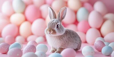 Cute gray rabbit surrounded by pastel colored Easter eggs in a festive setting during springtime photo