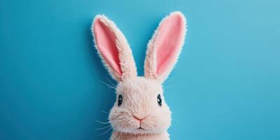 Cute plush rabbit with large ears against a bright blue background photo