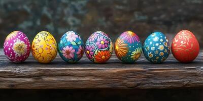 Colorful hand-painted eggs displayed on a wooden surface for a festive celebration during springtime photo