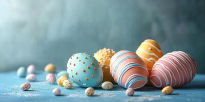 Colorful decorated Easter eggs with various patterns and small candies scattered on a blue surface photo