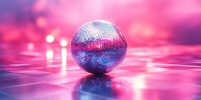 Reflective disco ball illuminated by vibrant pink and purple lights during a lively dance event at night photo