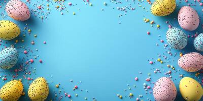Colorful Easter eggs surrounded by decorative sprinkles on a bright blue background during spring festivities photo