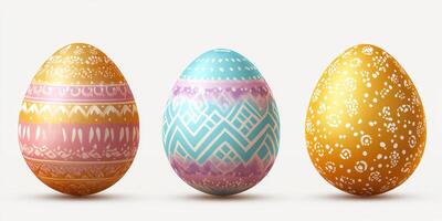 Colorful decorated eggs arranged in a row for Easter celebration decorations photo