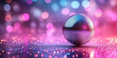 Reflective disco ball resting on glittering surface with vibrant bokeh lights illuminating the background photo