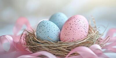 Colorful speckled eggs arranged in a rustic nest with soft pink ribbons, perfect for spring celebrations and Easter festivities photo
