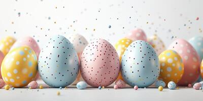 Colorful decorated eggs with speckles arranged for a festive celebration during springtime holidays photo