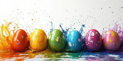 Colorful splashes create vibrant effects around painted eggs during festive celebration photo