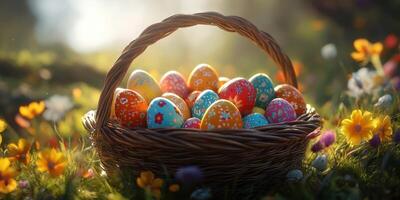 Colorful Easter eggs in a woven basket surrounded by blooming flowers on a sunny spring day photo