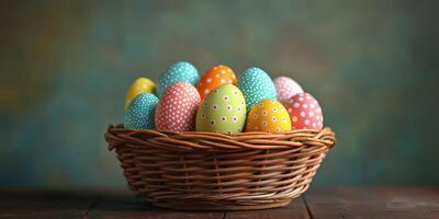 Colorful Easter eggs arranged in a woven basket on a wooden surface with a soft background photo