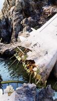 Plane wreck on the beach with rocks near ocean video