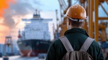 Logistics coordinator observing cargo ship at port during sunset photo