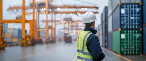 warehouse worker in hard hat observes shipping containers in busy port, showcasing industrial environment and safety measures photo