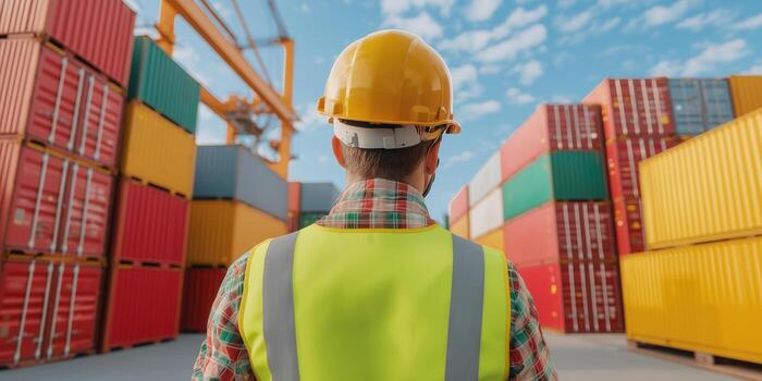 Logistics coordinator overseeing shipping containers in yard photo