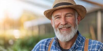 smiling farmer in straw hat, showcasing productive day in garden photo