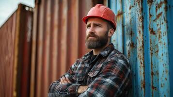 Confident worker in hard hat standing against rusty containers, showcasing determination and strength photo
