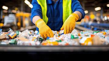 Handling reusable packaging materials, worker in gloves sorts through recyclable items with focus and care. Supply chain management concept photo