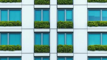Sustainable architecture with green balconies and modern windows photo