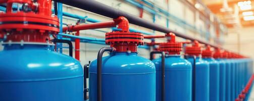 Industrial water filtration system with blue tanks and red valves photo