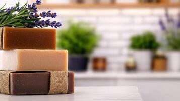 Handmade soap bars stacked with fresh lavender and greenery in background photo