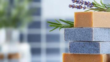 Handmade soap bars stacked with fresh lavender and herbs, showcasing natural beauty and relaxation photo