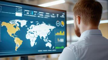 Analyzing global data on large screen in modern office environment Supply chain management concept photo