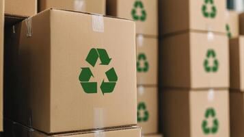 Eco friendly cardboard boxes with recycling symbols stacked together Supply chain management concept photo