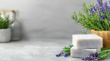 Handmade soap bars stacked with fresh lavender and herbs in basket photo