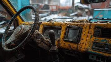 Moldy car interior with gear lever covered in fungus, showcasing decay and neglect photo