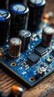 close up of circuit board with capacitors and microchips showcasing intricate details photo